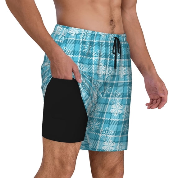 Uemuo blue plaid Snowflake Pattern Mens Swim Trunks Quick Dry Board Shorts with Mesh Lining, Stretch Beach Shorts Quick Dry No-Chafing Board Shorts-Large