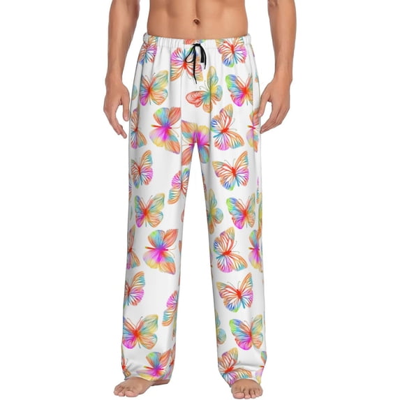 Uemuo colored butterflies Pattern Men's Wide Leg Palazzo Lounge Pants with Pockets Light Weight Loose Comfy Casual Pajama Pants-Small
