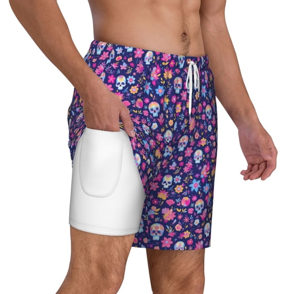 Uemuo colorful Skull butterfly flower1 Pattern Mens Swim Trunks Quick Dry Board Shorts with Mesh Lining, Stretch Beach Shorts Quick Dry No-Chafing Board Shorts-XX-Large