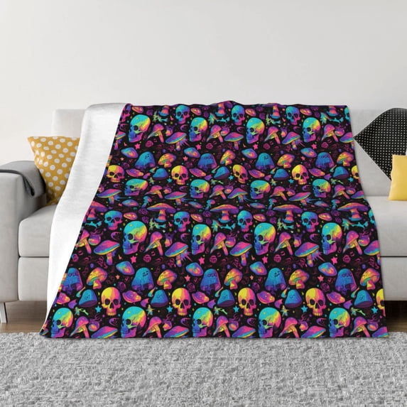 Uemuo colorful mushroom Skull Printed Throw Blanket for Couch, Fluffy Fuzzy Blankets for Bed, Sofa, Cozy Flannel Faux Fur Blanket-50"x40"