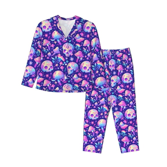Uemuo colorful mushroom Skull rainbow Pattern Womens Pajama Sets,PJ Set for Women,Pajamas for Women Logo,Long Sleeve Pajama Set for Women,Soft Long Sleeve Top With Pants-