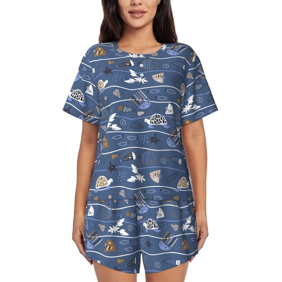 Uemuo cute fish octopus Pattern Women's Short-Sleeved Pajama, Button-Front Loungewear, 2-Piece Summer Sleepwear, Elastic Drawstring Shorts-4X-Large