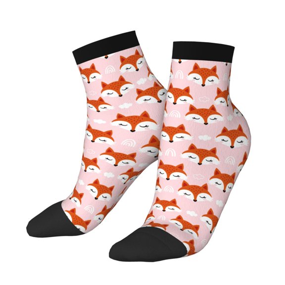 Uemuo cute fox pink Printed Crew Socks, Moisture-Wicking Socks, Athletic Socks for Men Breathable Cushion Socks Casual Sport Socks for Running Traveling
