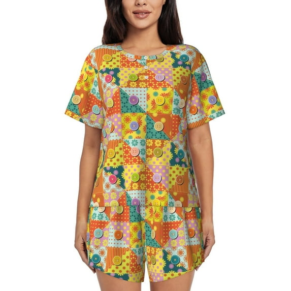 Uemuo different patchwork Pattern Women's Short-Sleeved Pajama, Button-Front Loungewear, 2-Piece Summer Sleepwear, Elastic Drawstring Shorts-Medium