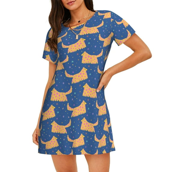 Uemuo dogs Pattern Women’s Nightdress – Casual Sleep Shirt, Soft Relaxed Fit Short-Sleeved Cotton Sleepwear for Home, Bedtime, and Lounging
