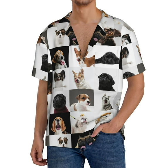 Uemuo dogs pets collage Pattern Cotton Linen Short Sleeve Shirts,Casual Lightweight Button Down Shirts,Vacation Beach Summer Tops-X-Large
