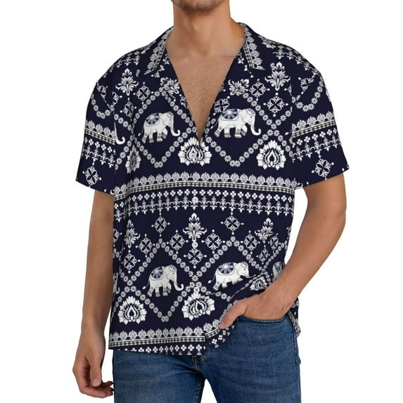 Uemuo elephants Pattern Cotton Linen Short Sleeve Shirts,Casual Lightweight Button Down Shirts,Vacation Beach Summer Tops-XX-Large