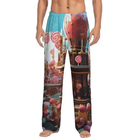 Uemuo fairy-tale-world-with-delicious-candy Pattern Men's Wide Leg Palazzo Lounge Pants with Pockets Light Weight Loose Comfy Casual Pajama Pants-X-Large