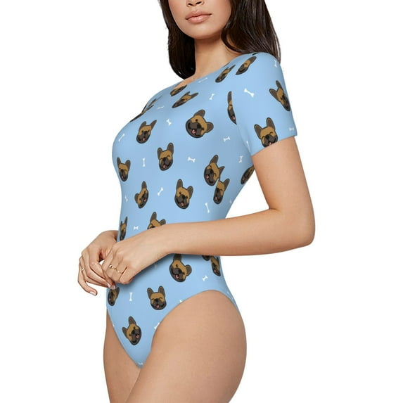 Uemuo french Bulldog Face Pattern Women's One Piece Short Sleeve Swimsuit Rash Guard Surfing Modest Quick-drying Swimsuit Beach Essentials-X-Large