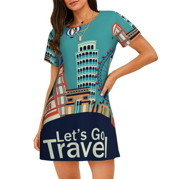 Uemuo Let's go Travel Pattern Women’s Nightdress – Casual Sleep Shirt, Soft Relaxed Fit Short-Sleeved Cotton Sleepwear for Home, Bedtime, and Lounging