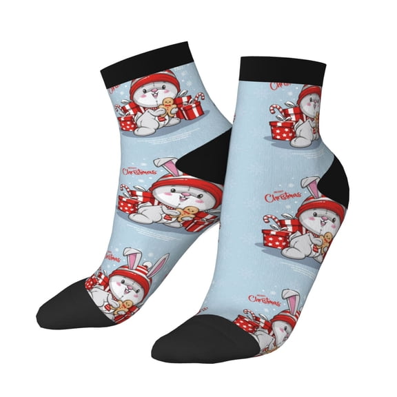 Uemuo merry Christmas rabbit Printed Crew Socks, Moisture-Wicking Socks, Athletic Socks for Men Breathable Cushion Socks Casual Sport Socks for Running Traveling