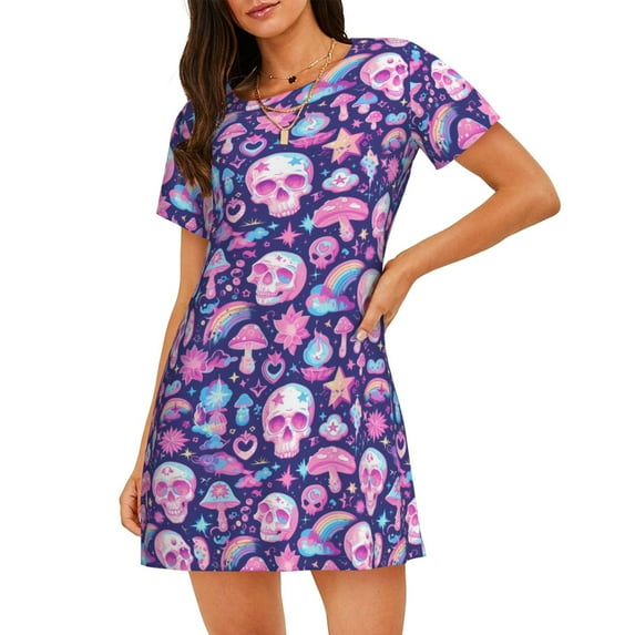 Uemuo mushroom rainbow color Skull Pattern Women’s Nightdress – Casual Sleep Shirt, Soft Relaxed Fit Short-Sleeved Cotton Sleepwear for Home, Bedtime, and Lounging