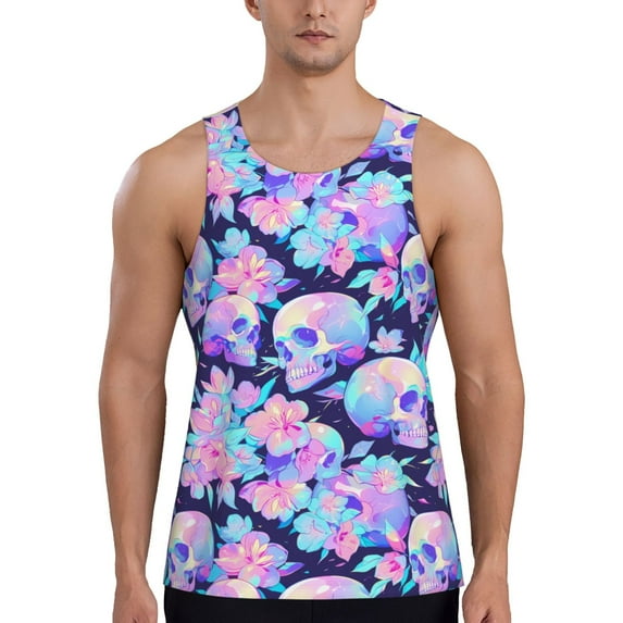 Uemuo pinkk flower crystal Skull Pattern Men's Muscle Shirts Sleeveless Dry Fit Gym Workout Tank Top Lightweight Sports Tank Top Beach Tank Top, Loose-fit Sleeveless Shirt-Medium