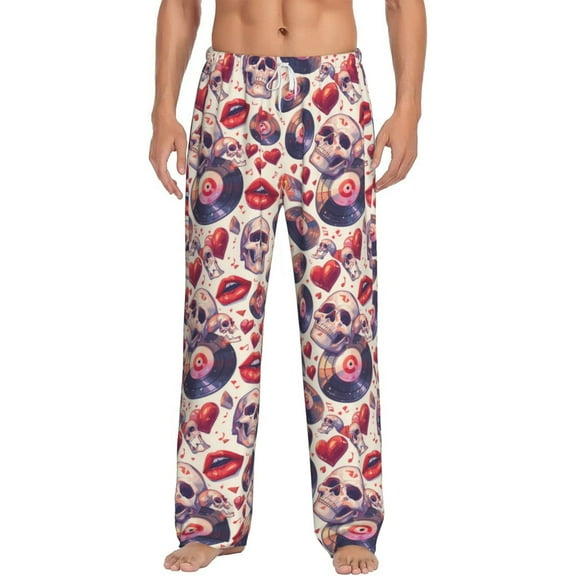 Uemuo record rock Skull lips Pattern Men's Wide Leg Palazzo Lounge Pants with Pockets Light Weight Loose Comfy Casual Pajama Pants-Small