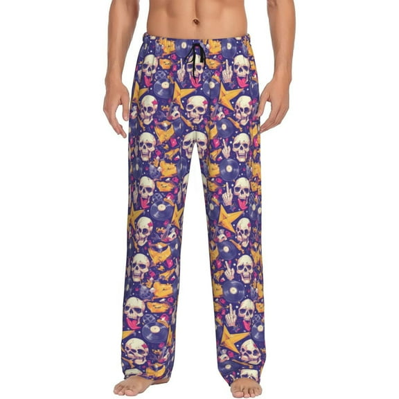 Uemuo rock Skull record Pattern Men's Wide Leg Palazzo Lounge Pants with Pockets Light Weight Loose Comfy Casual Pajama Pants-Medium