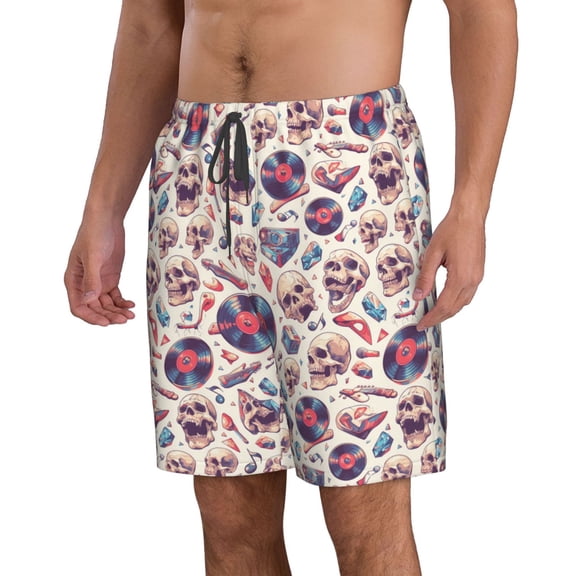 Uemuo rock Skull record Retro Pattern Men's Swim Trunks Hawaiian Beach Bathing Suit Swimsuits Beach Quick-Dry Shorts with Pockets-X-Large