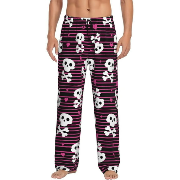 Uemuo skull with hearts Pattern Men's Wide Leg Palazzo Lounge Pants with Pockets Light Weight Loose Comfy Casual Pajama Pants-Large