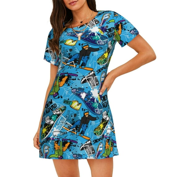 Uemuo snow board blue Pattern Women’s Nightdress – Casual Sleep Shirt, Soft Relaxed Fit Short-Sleeved Cotton Sleepwear for Home, Bedtime, and Lounging