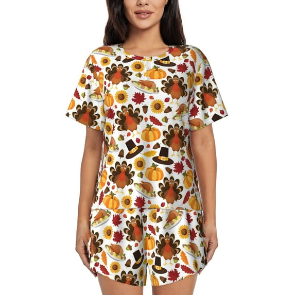 Uemuo turkey hat Pumpkin Pattern Women's Short-Sleeved Pajama, Button-Front Loungewear, 2-Piece Summer Sleepwear, Elastic Drawstring Shorts-Medium