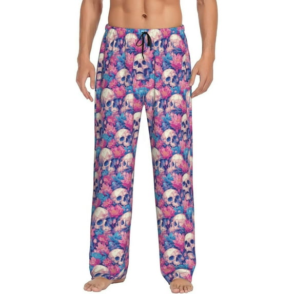 Uemuo white Skull blue flower Pattern Men's Wide Leg Palazzo Lounge Pants with Pockets Light Weight Loose Comfy Casual Pajama Pants-Medium