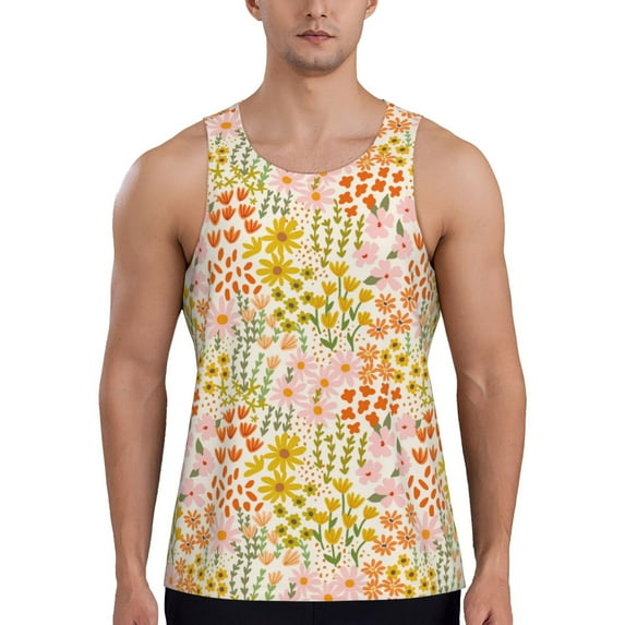 Uemuo wild meadow flowers Pattern Men's Muscle Shirts Sleeveless Dry Fit Gym Workout Tank Top Lightweight Sports Tank Top Beach Tank Top, Loose-fit Sleeveless Shirt-4X-Large