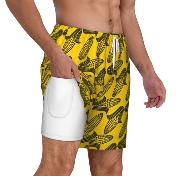Uemuo yellow Corn Pattern Mens Swim Trunks Quick Dry Board Shorts with Mesh Lining, Stretch Beach Shorts Quick Dry No-Chafing Board Shorts-Small