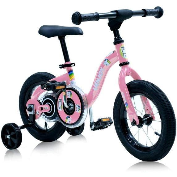 Uenjoy 2 in 1 Kids Bike&Balance Bike with Detachable Training Wheels,12”Height Adjustable Balance Bicycle,Kids Bike for 2-6 Years Old Boys&Girls,Unicorn Pattern,Chainless Gear,Easy to Assemble,Pink
