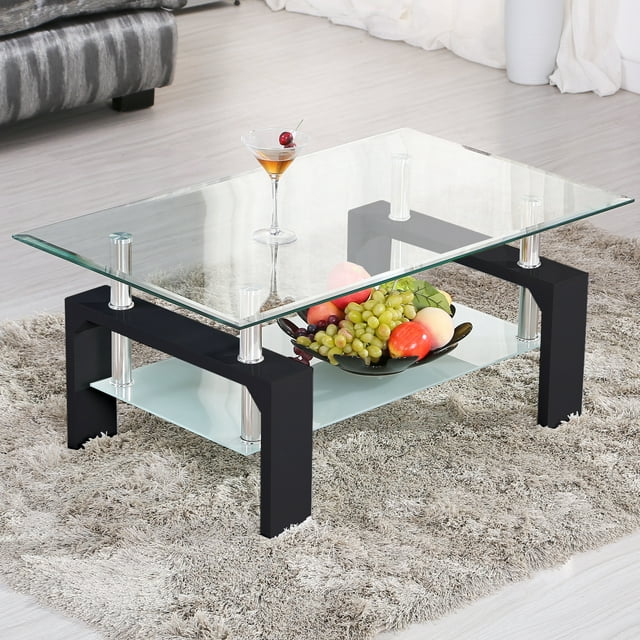 Uenjoy Rectangular Glass Coffee Table Shelf Chrome Black Wood Living Room Furniture, Black