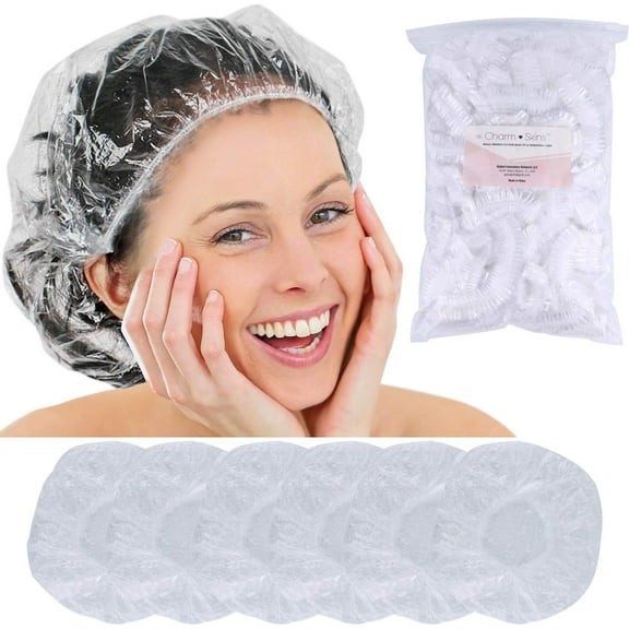 Ueonyo Disposable Hair Plastic Shower Cap - (Pack of 100) Clear Women Shower caps Waterproof Bath Hat Processing Hair Cover for Treatment Spa Hair Salon and Home Use 2023