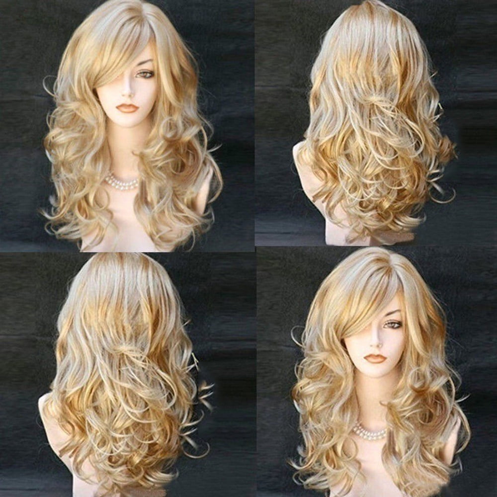 Ueonyo Nomeni Natural Long Wavy Curly Blonde Golden Highlights Heat Resistant Synthetic Bangs 