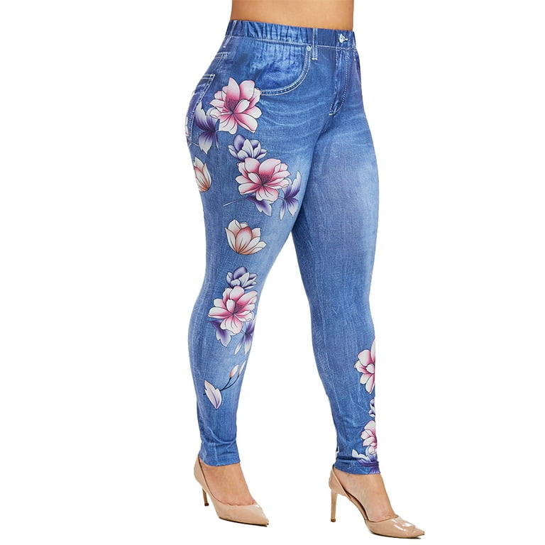 Uerlsty Womens Floral Skinny Denim Leggings High Waist Jeggings Jeans Pants  Plus Size 