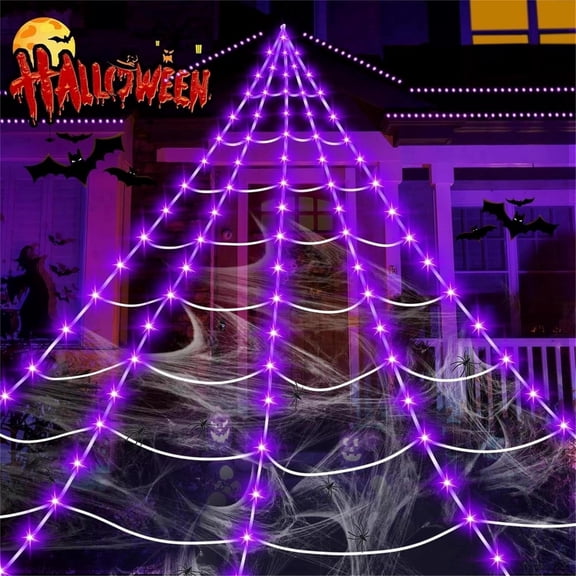 Xylobyte Halloween Decoration Outdoor, 23Ft Spider Web Lights for Yard Haunted House Decor,Purple