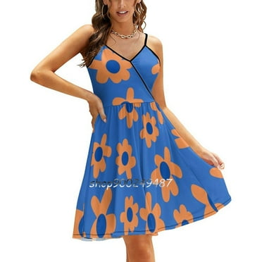Uf Orange And Blue Floral Pattern Go Square Neck Dress Sweet Summer Dress Women Elegant Halter Print Dress Uf Florida