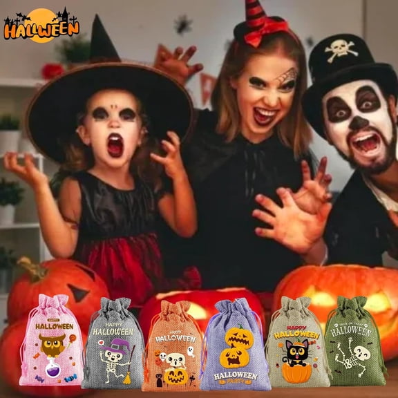 Ufehgfjh Candy Bags for Party Candy Bag Drawstring Gift Bags Tricks or Treat Candy Pouches for Halloween Party Favors Decorations Portable Printed for Festival Campus Home Random Shipment