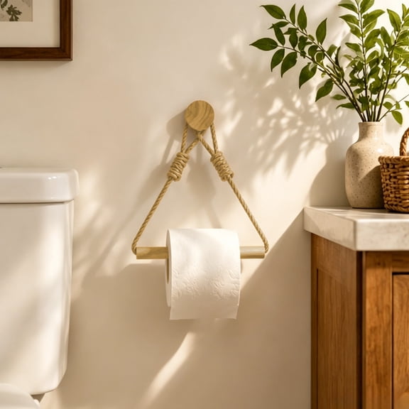 Ufehgfjh Toilet Tissue Holder Stand Toilet Paper Holder Stand Natural Bamboos Jute Rope Towel Rack Wall Mount No Drill Paper Towel Holders for Bathroom Kitchen Random Shipment