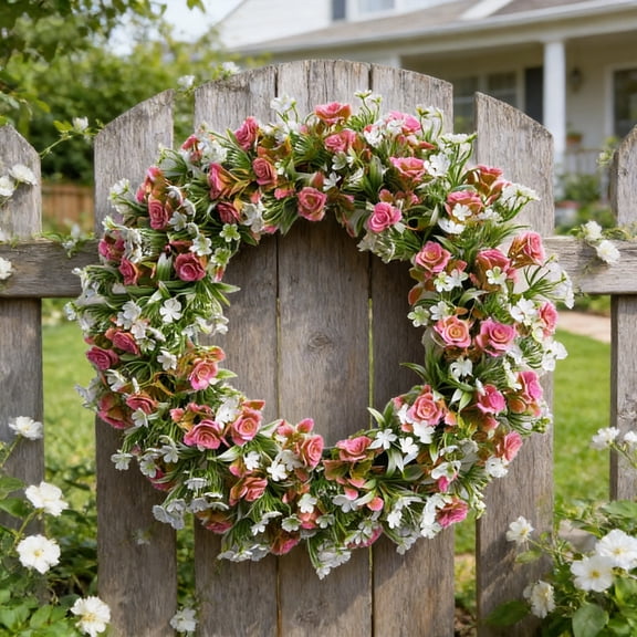 Ufehgfjh Wreath Floral Garland 16.5x16.5 in Eucalypts and Cherries Flowering Wreath for Front Door Balcony Fence Memorial Day Decorations Random Shipment