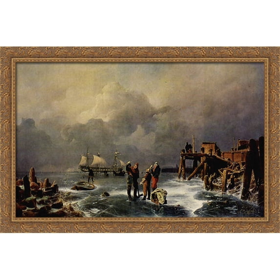 Ufer des zugefrorenen Meeres (Winterlandschaft) 40x26 Large Gold Ornate Wood Framed Canvas Art by Andreas Achenbach