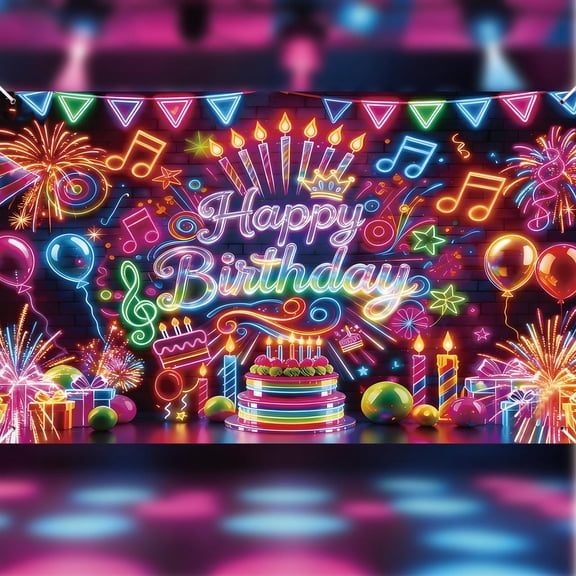 Uflashmi Neon Happy Birthday Backdrop Banner, 6 X 3.6 Ft Glow In The Dark Happy Birthday Backdrop, Party Background Decorations for Neon Glow Party, Disco Party, Birthday Decorations
