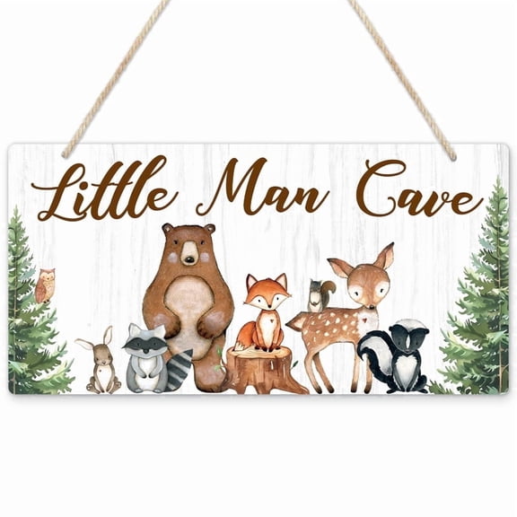 Uflashmi Wooden Little Man Cave Nursery Sign Woodland Animal Theme Wall Art 12 x 6 Inch