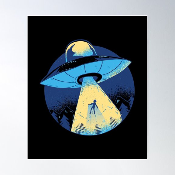 Ufo Abducting Human | Blue Light Beam Sci-Fi Poster Wall Art, Modern Wall Decor For Living Room Bedroom, 8x12 UNFRAMED