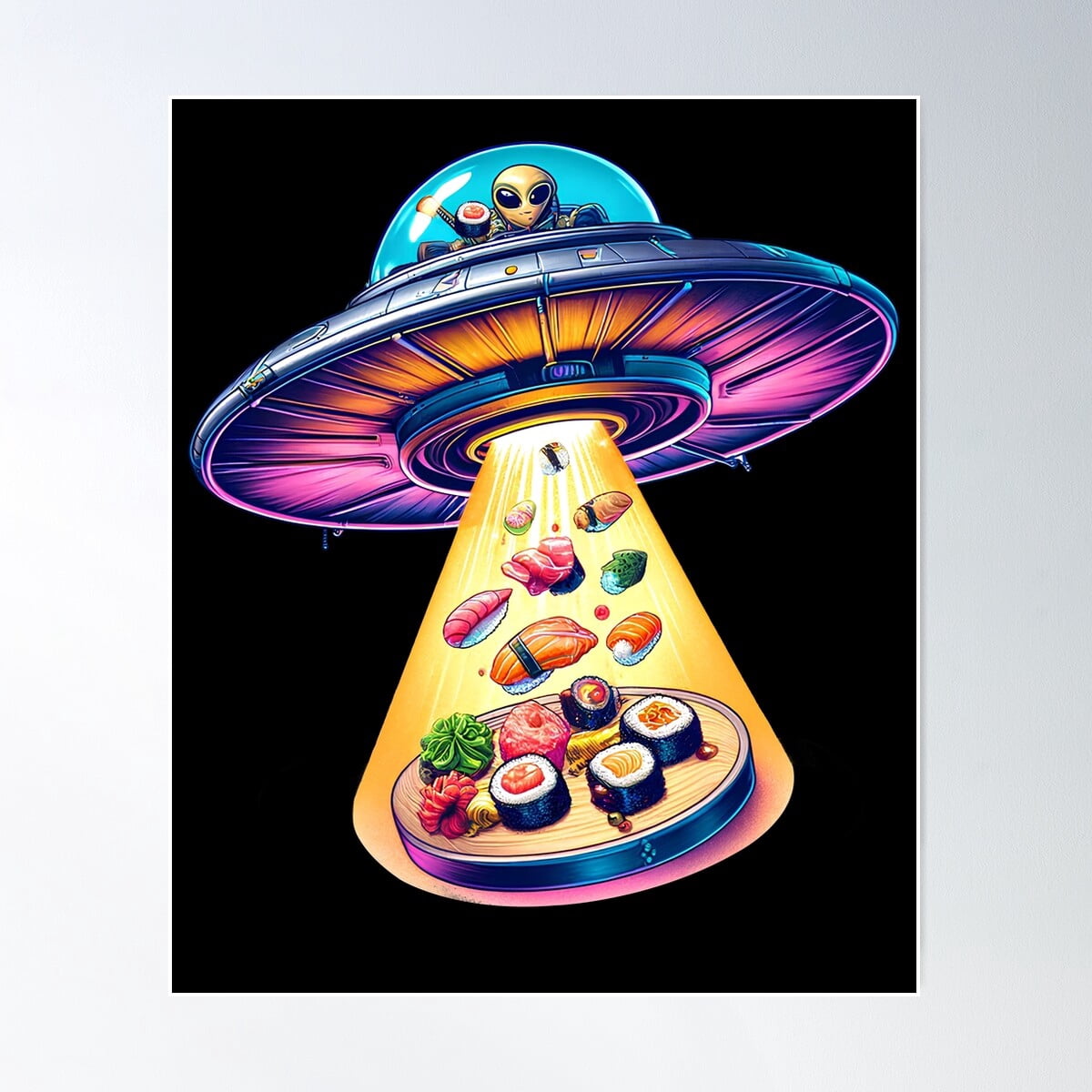 Ufo Alien Eating Sushi Sashimi Lover Funny Poster Wall Art, Modern Wall ...