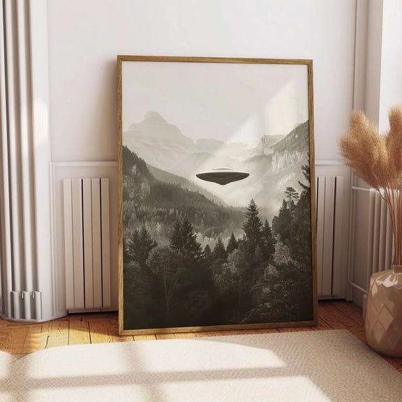 Ufo Alien Spaceship Surreal Landscape Sci Fi Mountain Forest Minimalist Black And White Poster Unframed Paper Print