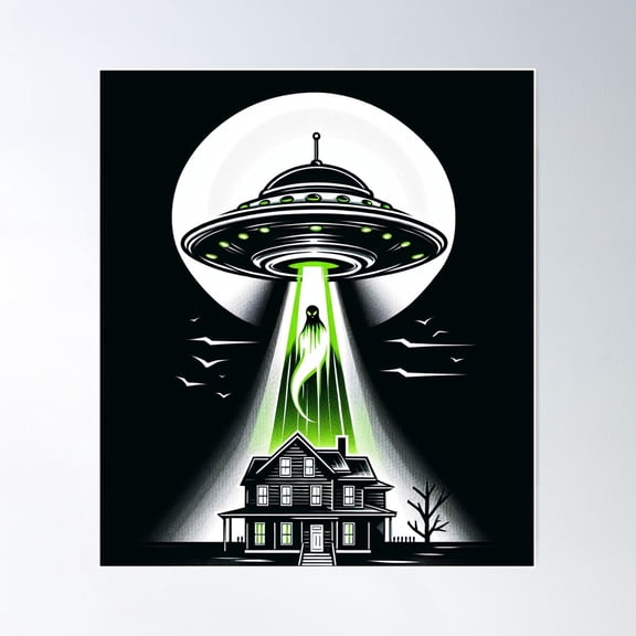Ufo Beaming Ghost At Haunted House Poster Wall Art, Modern Wall Decor For Living Room Bedroom, 8x12 UNFRAMED