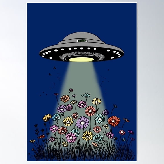 Ufo Beaming Up Flowers Poster Wall Art, Modern Wall Decor For Living Room Bedroom, 24x36 UNFRAMED