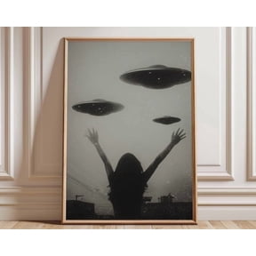 Ufo Black And White Alien Abduction Sci Fi Silhouette Girl Vintage Retro Wall Art Print Poster , Poster Print Only