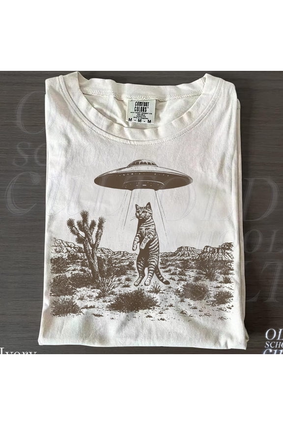 Ufo Cat Western T-Shirt, Ivory Shirt, Vintage Alien Graphic Tee, Funny Space Cat Top, Retro Sci Fi Gift WHITE Unisex S-5XL Hot Trending Shirt, Vintage Birthday Gift