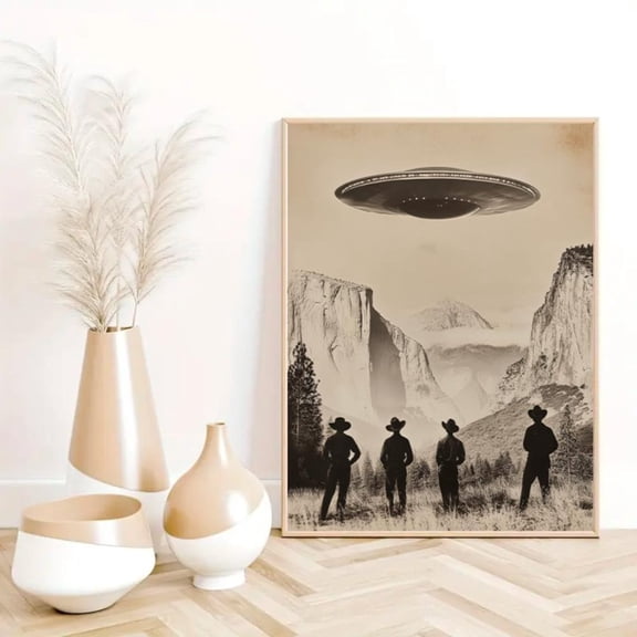 Ufo Cowboy Vintage Photo Poster, Alien Encounter Western Wall Art, Retro Wild West Decor, Quirky Photography Poster, Retro Bedroom Decor, 24x36 UNFRAMED