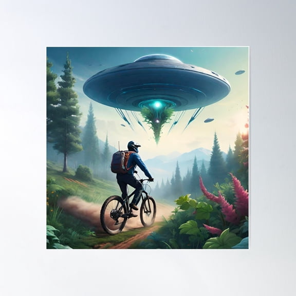 Ufo Descends Over Mtb Trails – Out Of This World Ride Poster Wall Art, Modern Wall Decor For Living Room Bedroom, 17x17 UNFRAMED