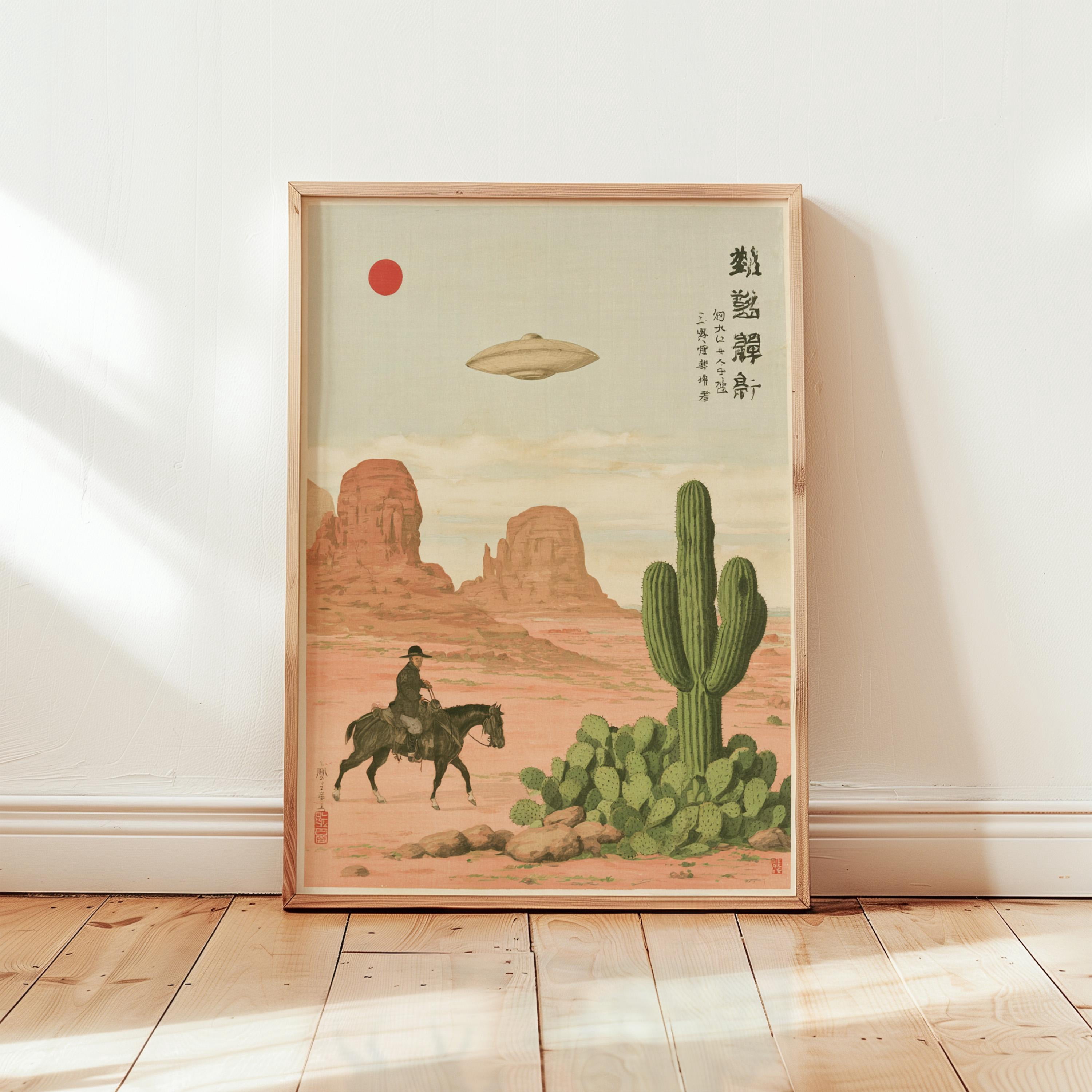 Ufo Desert Poster Cowboy Landscape Print Surreal Paper Wall Art Home ...