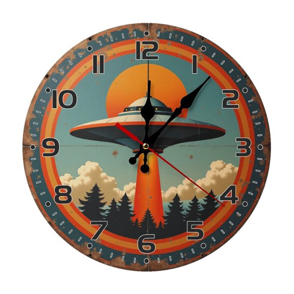 Ufo Flying Wall Clock 10 Inch Silent Non Ticking Round Wooden Clock Decoration for Living Room Kitchen Bedroom Bathroom Office Classroom